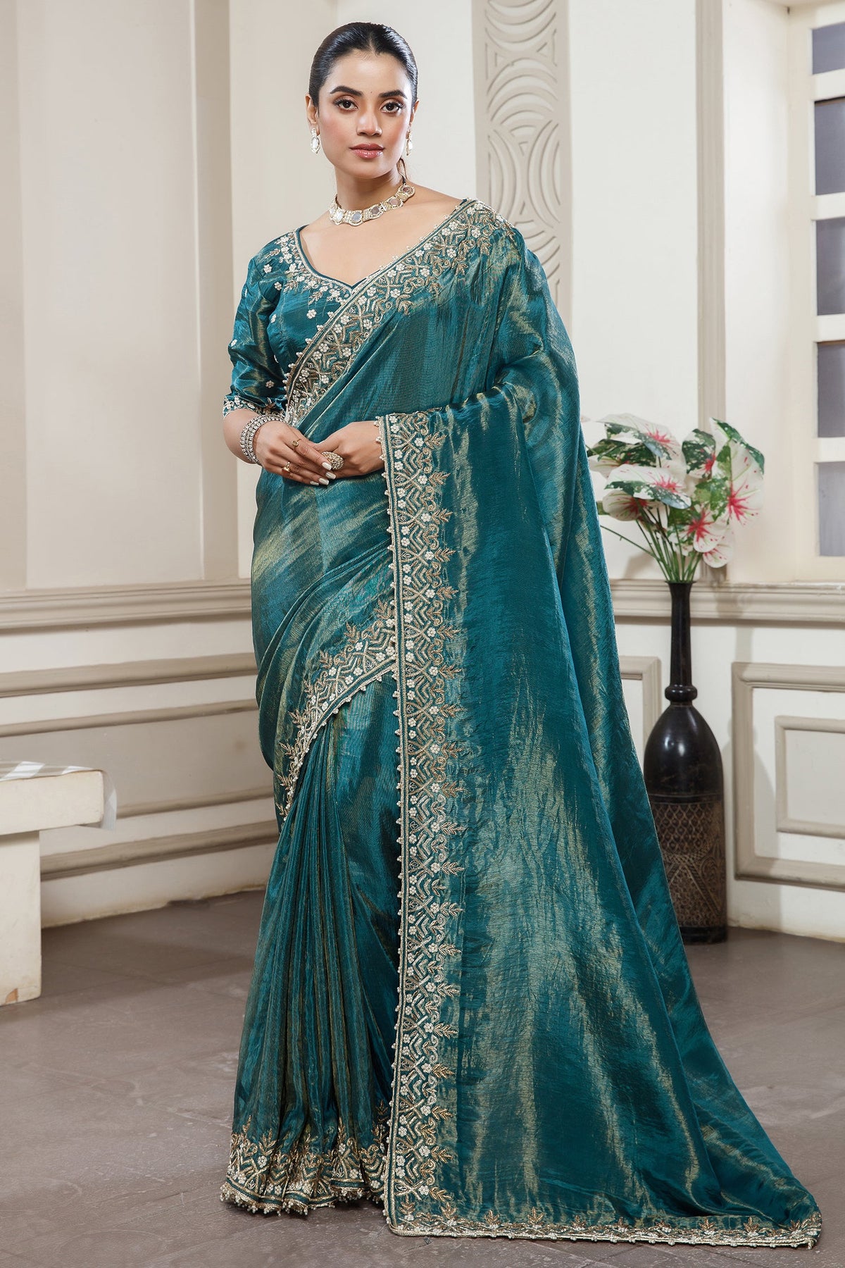 Peacock Blue Tissue Dola Silk Solid Saree with Readymade Blouse and Beaded and Zardosi Worked Border - blue silk saree