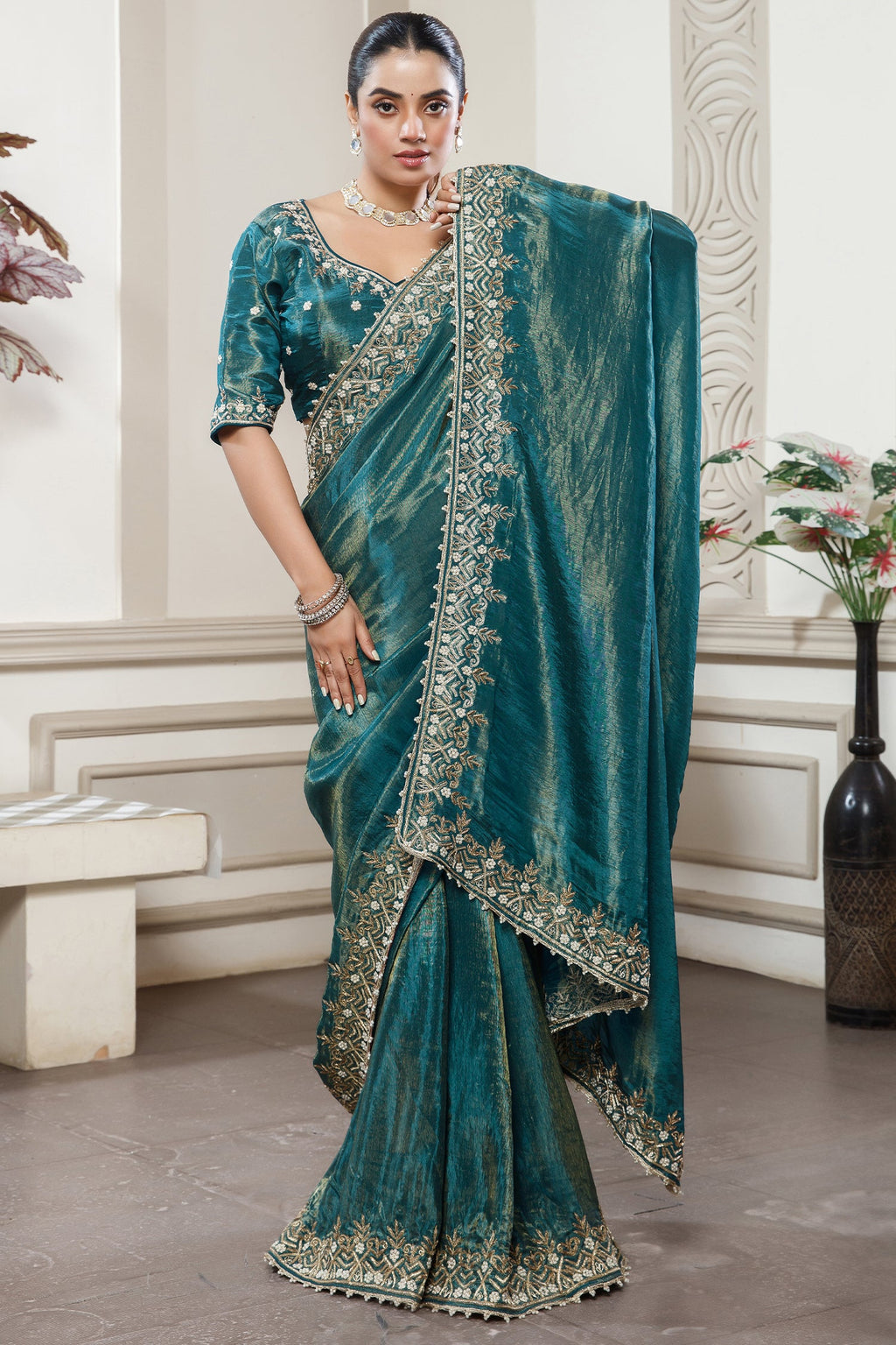Peacock Blue Tissue Dola Silk Solid Saree with Readymade Blouse and Beaded and Zardosi Worked Border - blue silk saree