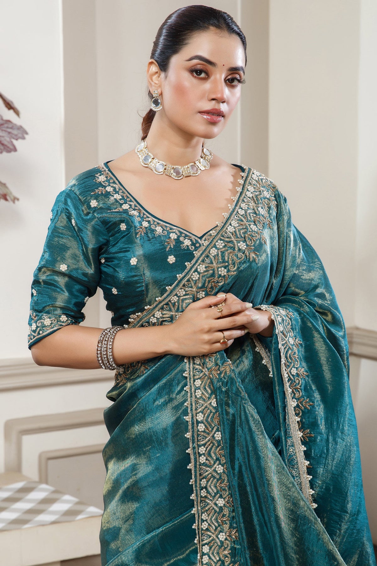 Peacock Blue Tissue Dola Silk Solid Saree with Readymade Blouse and Beaded and Zardosi Worked Border - blue silk saree