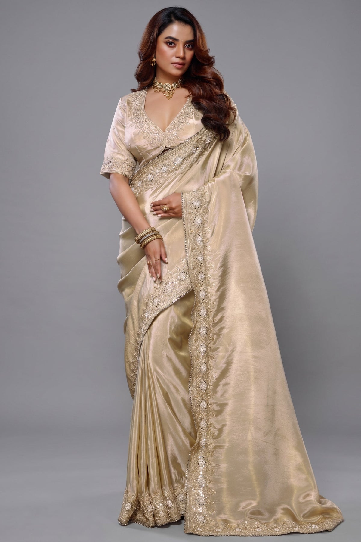 Ivory White Tissue Dola Silk Solid Saree