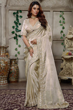 Ivory White Tissue Dola Silk Solid Saree with Readymade Blouse and Applique Work Border - white silk saree