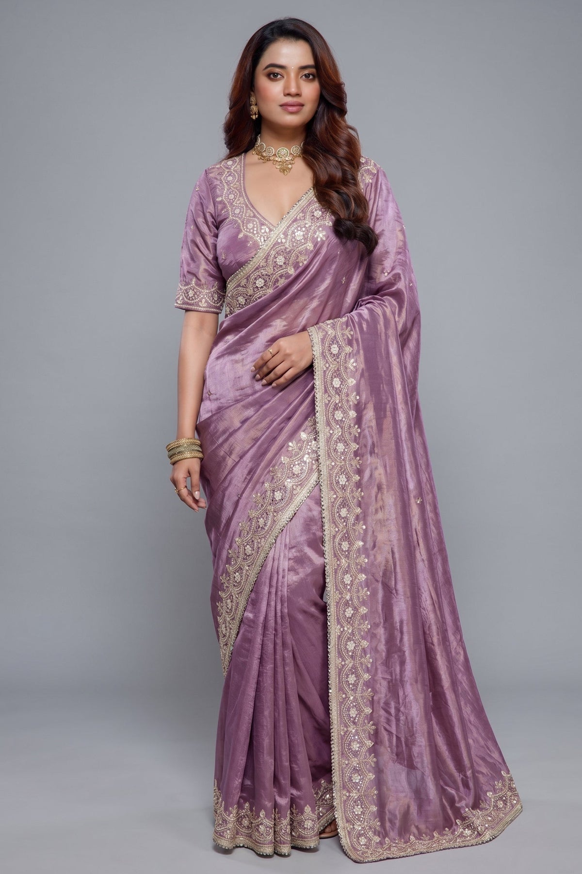 Lavender Tissue Dola Silk Solid Saree