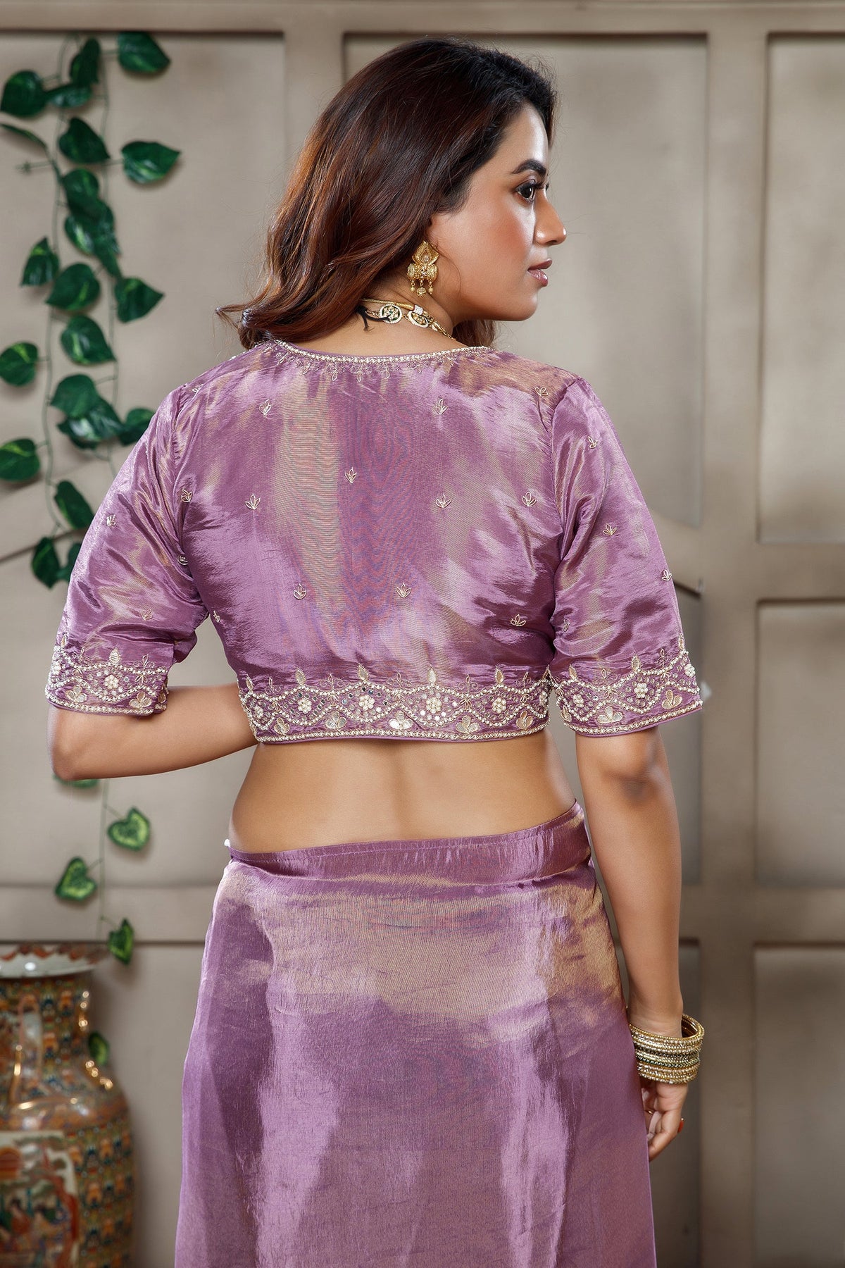 Lavender Tissue Dola Silk Solid Saree with Readymade Blouse and Applique Work Border - lavender silk saree