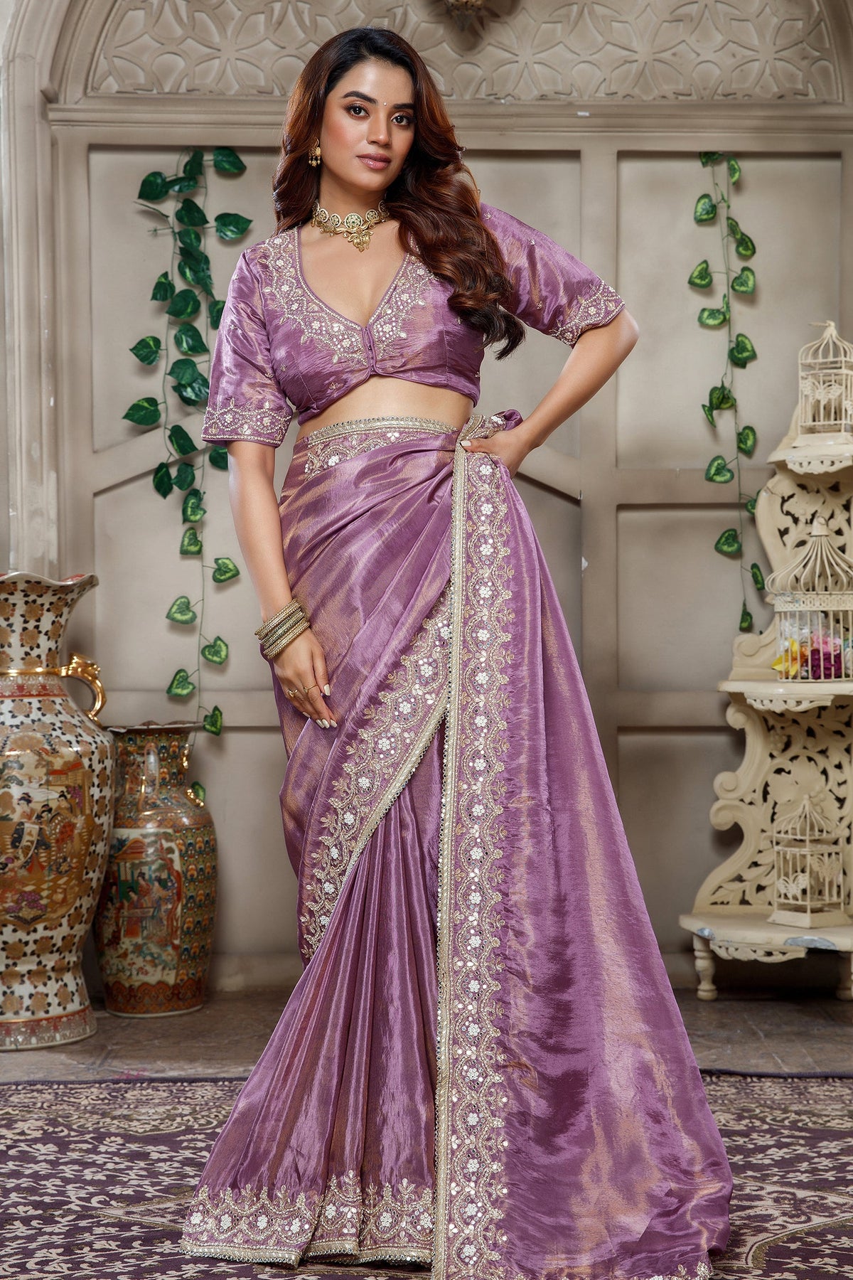 Lavender Tissue Dola Silk Solid Saree with Readymade Blouse and Applique Work Border - lavender silk saree