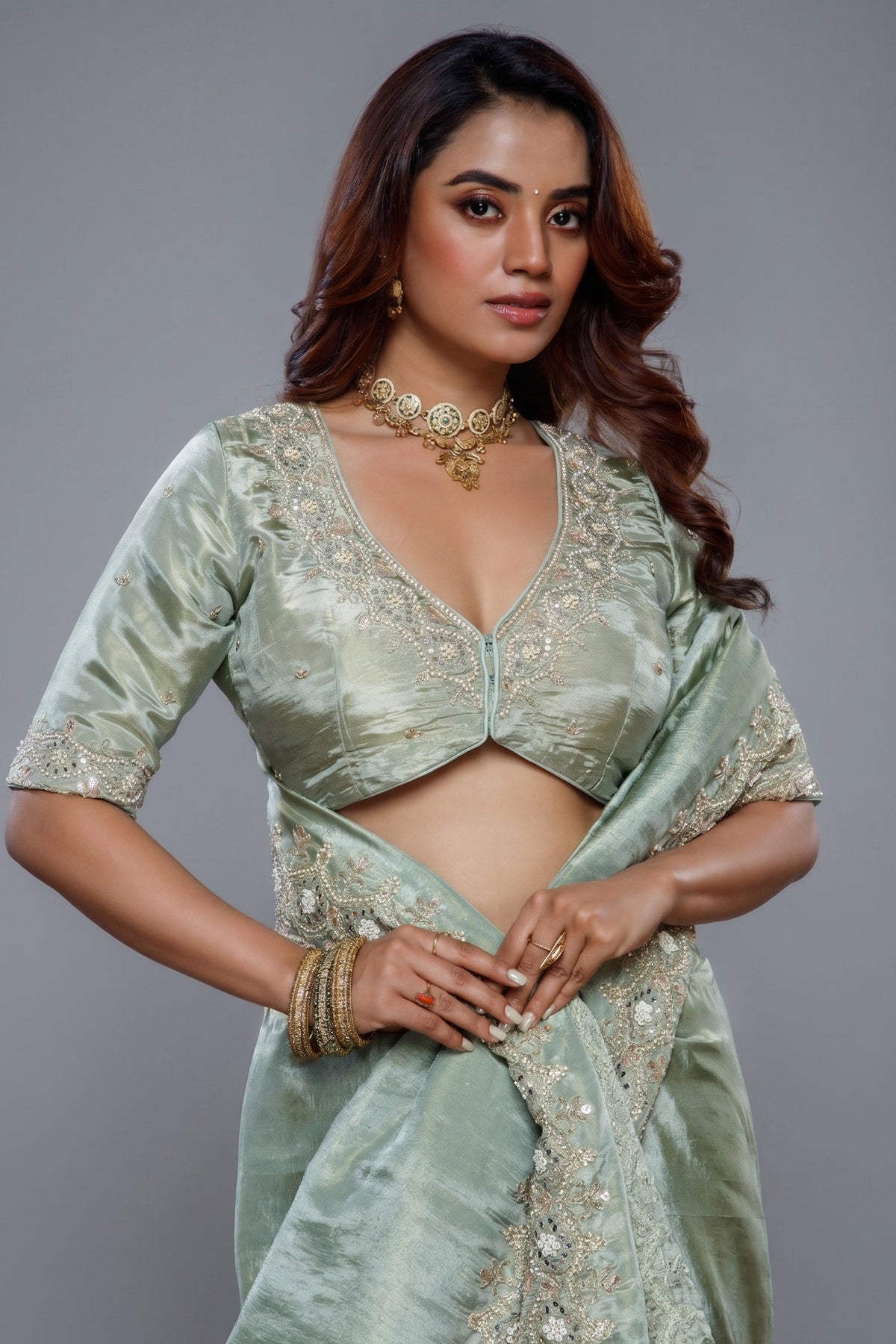 Saree with Readymade Mint Green Blouse