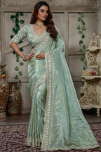 Mint Green Tissue Dola Silk Solid Saree with Readymade Blouse and Applique Work Border - green silk saree