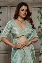 Mint Green Tissue Dola Silk Solid Saree with Readymade Blouse and Applique Work Border - green silk saree