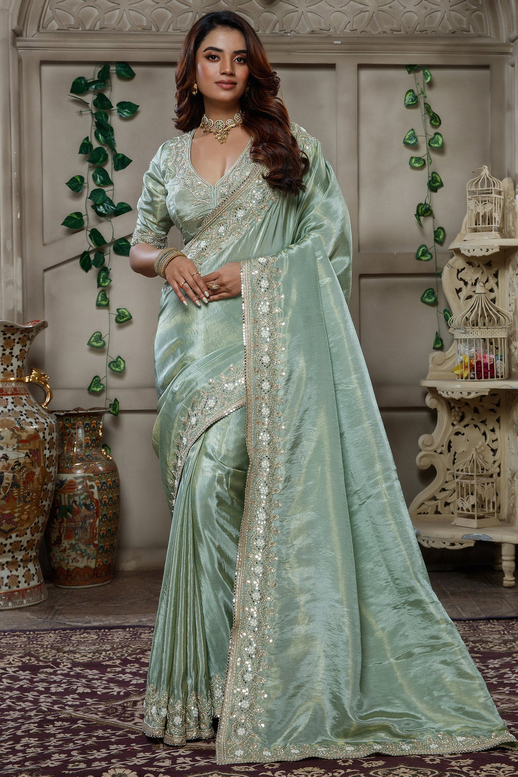 Mint Green Tissue Dola Silk Solid Saree with Readymade Blouse and Applique Work Border - green silk saree