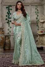 Mint Green Tissue Dola Silk Solid Saree with Readymade Blouse and Applique Work Border - green silk saree