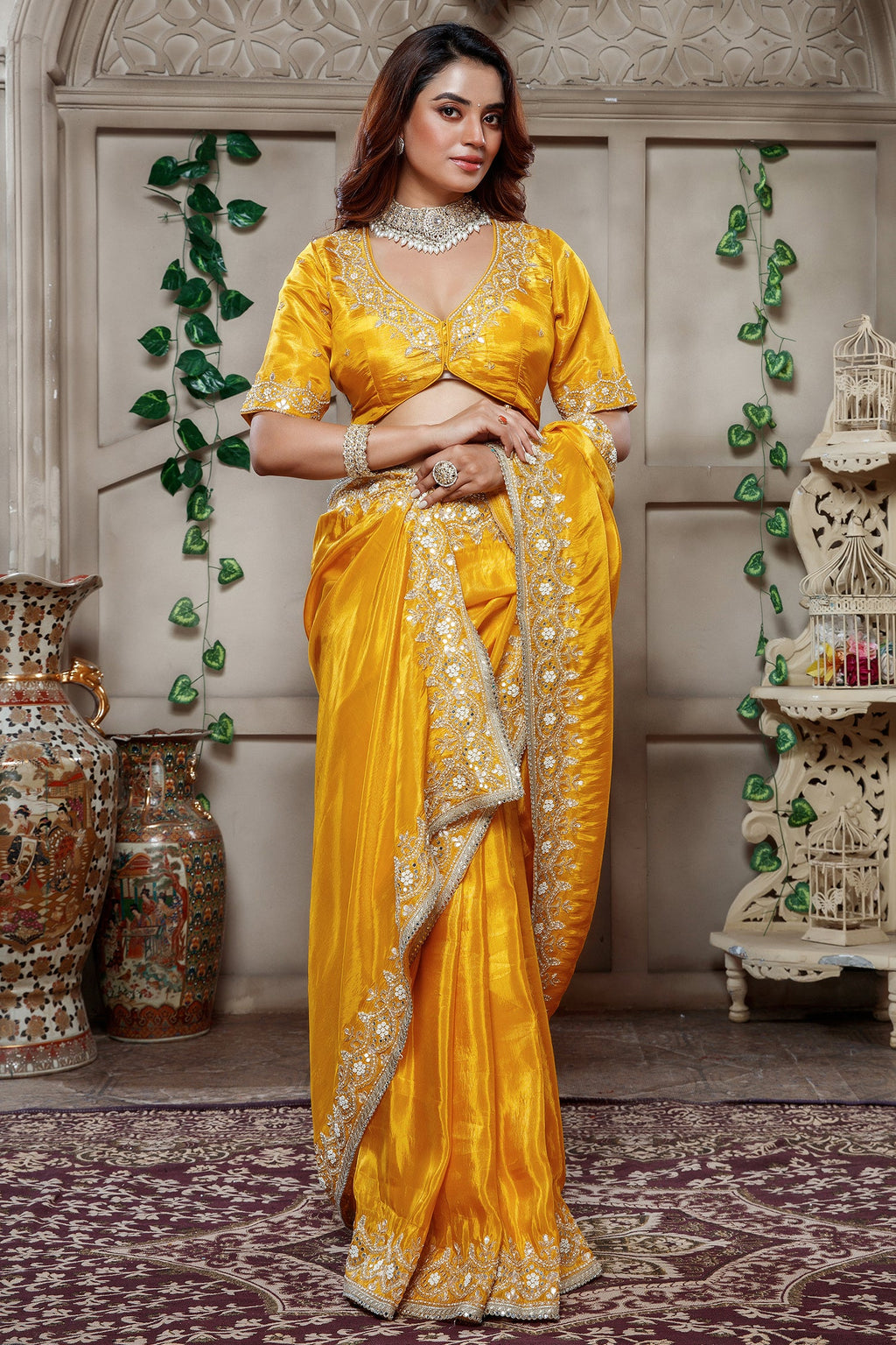 Yellow Tissue Dola Silk Solid Saree with Readymade Blouse and Applique Work Border - yellow silk saree