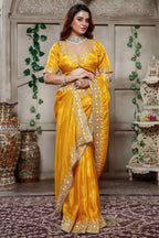 Yellow Tissue Dola Silk Solid Saree with Readymade Blouse and Applique Work Border - yellow silk saree