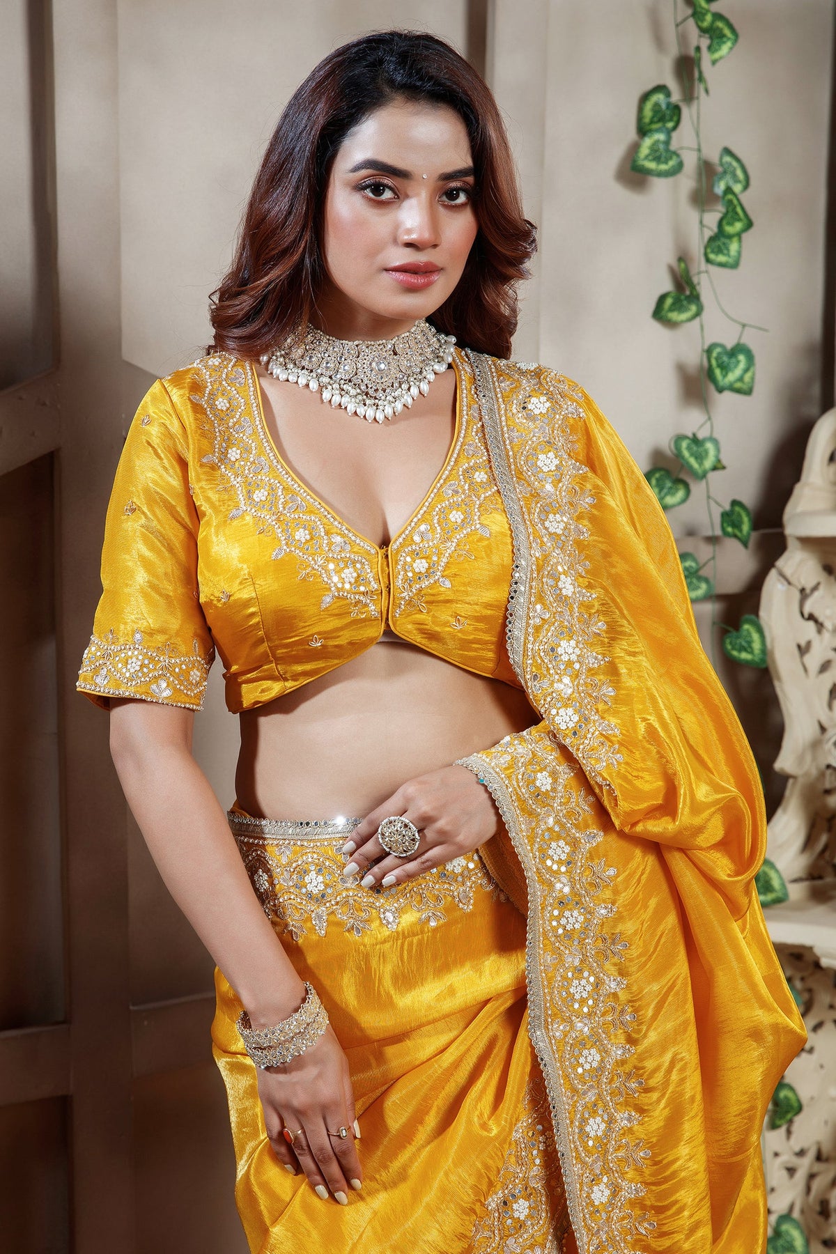 Yellow Tissue Dola Silk Solid Saree with Readymade Blouse and Applique Work Border - yellow silk saree