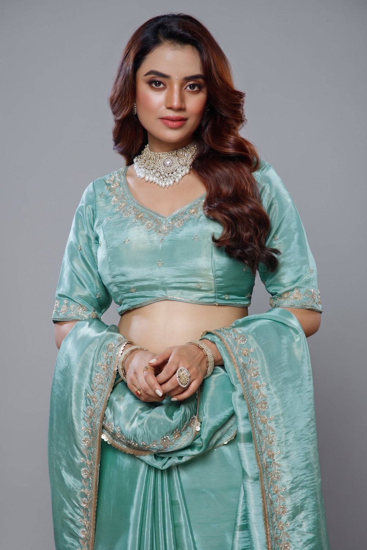 Saree with Readymade Aqua Blue Blouse
