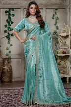 Aqua Blue Tissue Dola Silk Solid Saree with Readymade Blouse and Beaded Work Border - blue silk saree