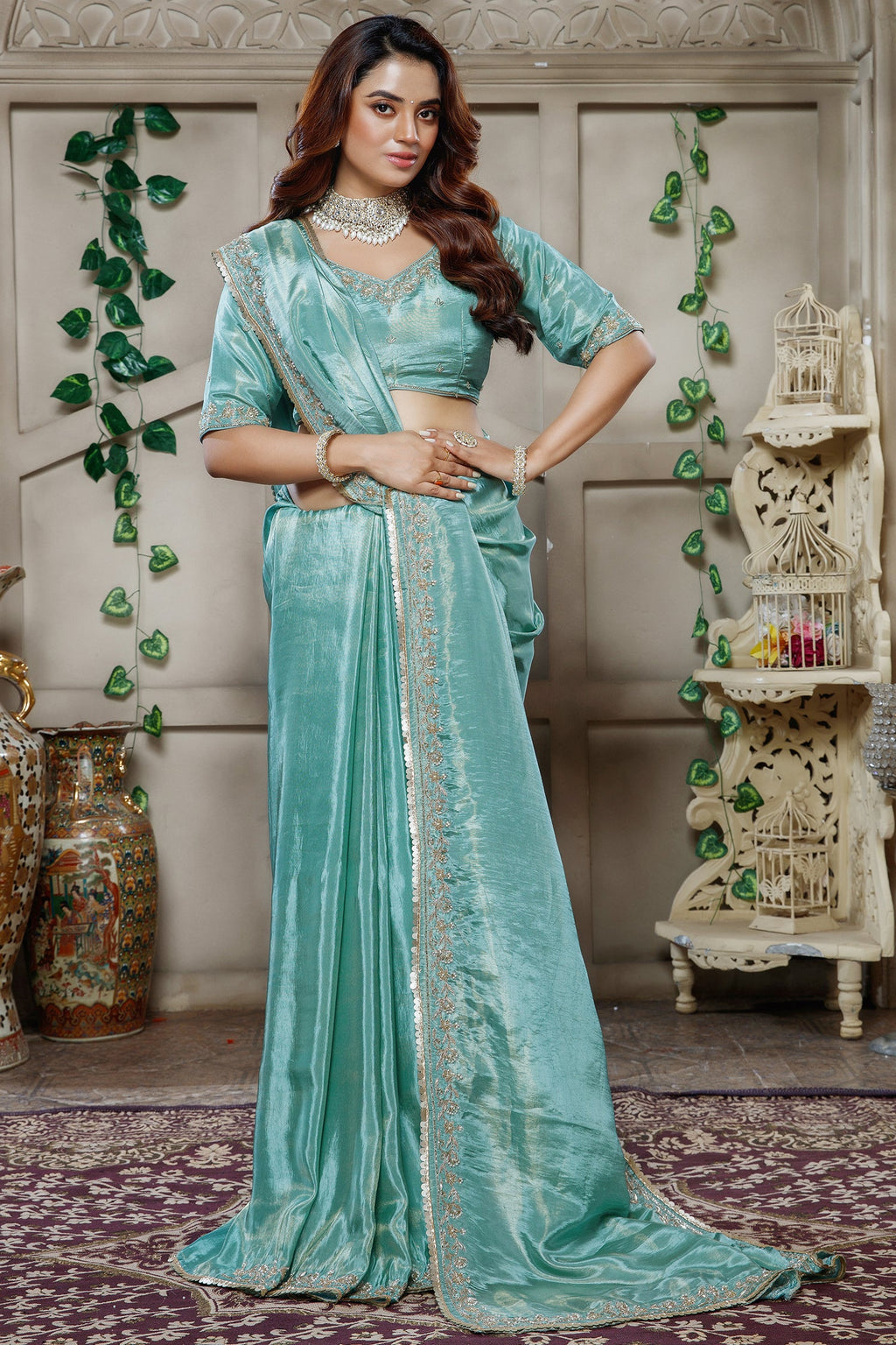 Aqua Blue Tissue Dola Silk Solid Saree with Readymade Blouse and Beaded Work Border - blue silk saree
