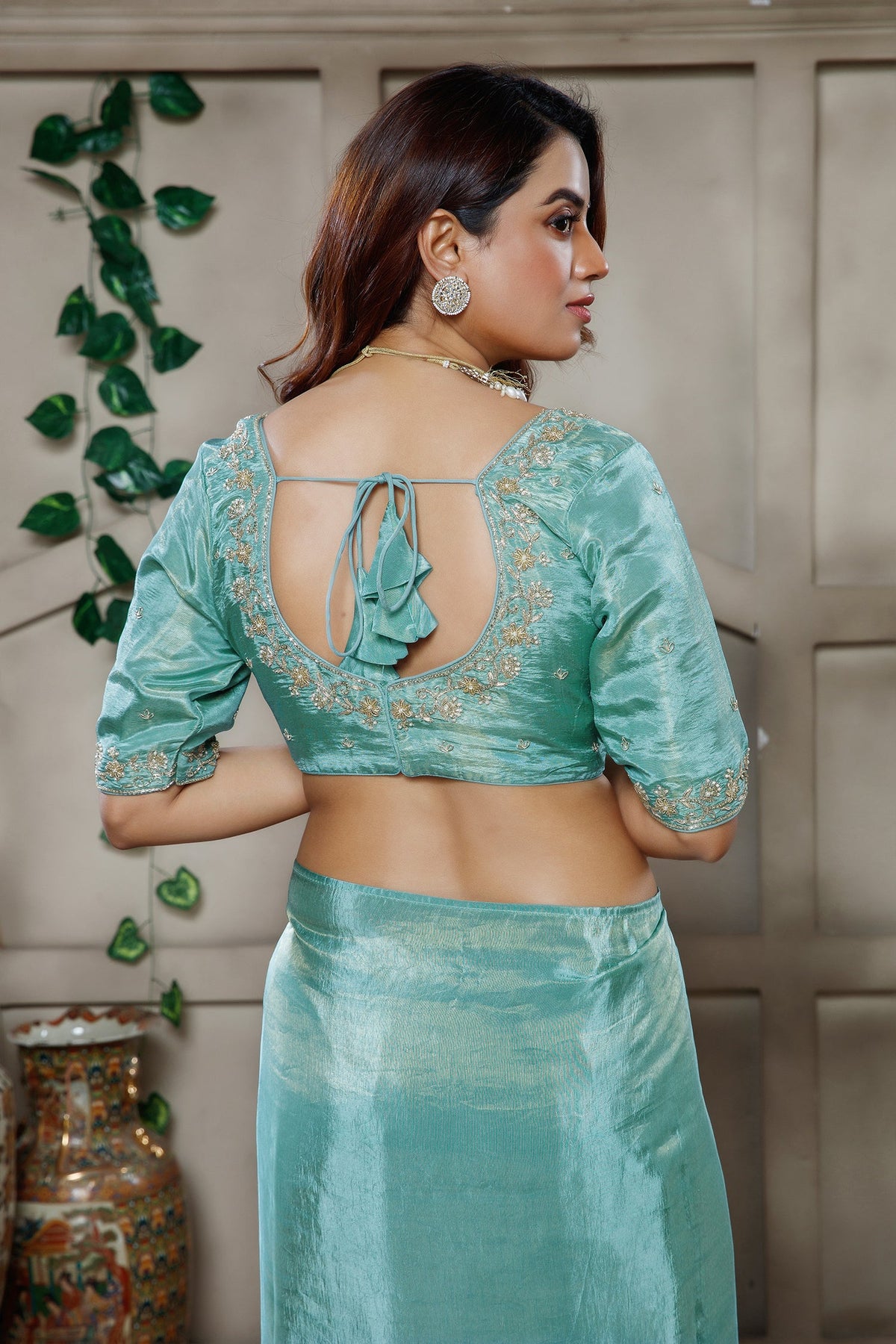 Aqua Blue Tissue Dola Silk Solid Saree with Readymade Blouse and Beaded Work Border - blue silk saree