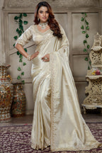 Ivory White Tissue Dola Silk Solid Saree with Readymade Blouse and Beaded Work Border - white silk saree