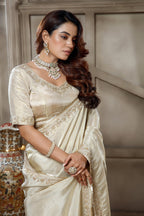 Ivory White Tissue Dola Silk Solid Saree with Readymade Blouse and Beaded Work Border - white silk saree