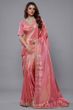 Rose Pink Tissue Dola Silk Solid Saree