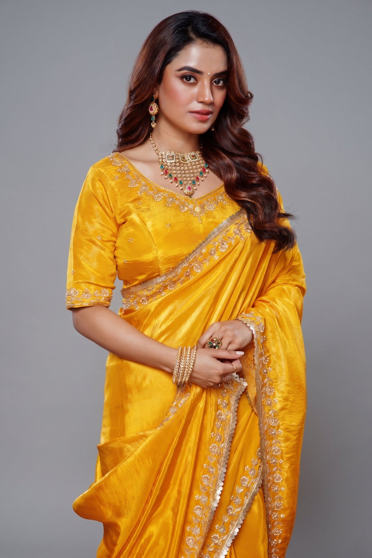 Saree with Readymade Yellow Blouse