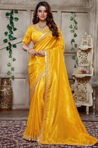 Yellow Tissue Dola Silk Solid Saree with Readymade Blouse and Beaded Work Border - yellow silk saree