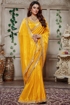 Yellow Tissue Dola Silk Solid Saree with Readymade Blouse and Beaded Work Border - yellow silk saree