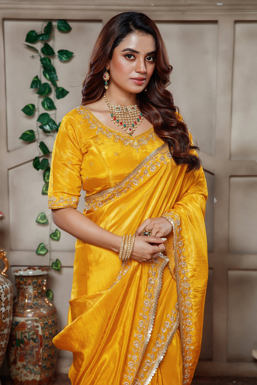 Yellow Tissue Dola Silk Solid Saree with Readymade Blouse and Beaded Work Border - yellow silk saree