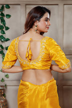 Yellow Tissue Dola Silk Solid Saree with Readymade Blouse and Beaded Work Border - yellow silk saree