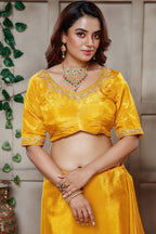 Yellow Tissue Dola Silk Solid Saree with Readymade Blouse and Beaded Work Border - yellow silk saree