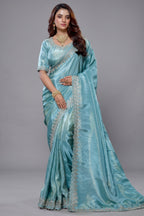 Aqua Blue Tissue Dola Silk Solid Saree