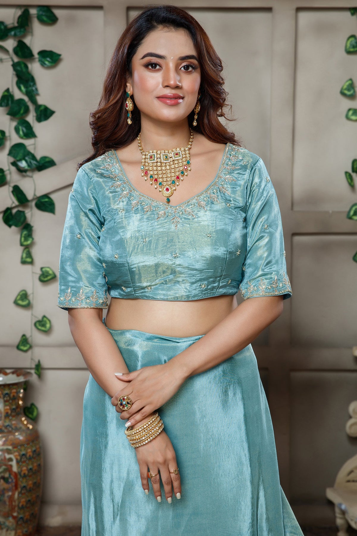 Aqua Blue Tissue Dola Silk Solid Saree with Readymade Blouse and Beaded Cutdana Work Border - blue silk saree