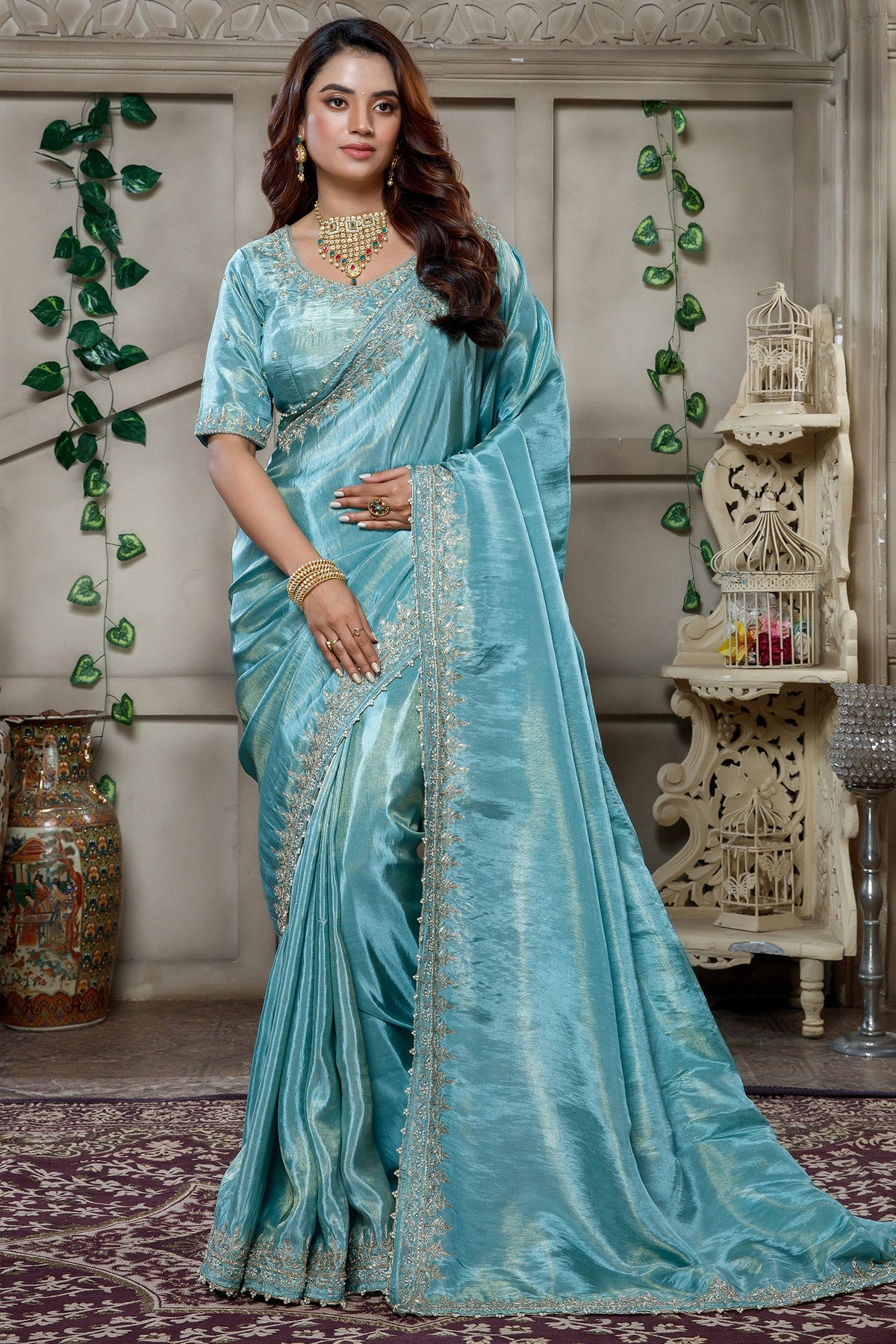 Aqua Blue Tissue Dola Silk Solid Saree with Readymade Blouse and Beaded Cutdana Work Border - blue silk saree