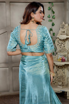 Aqua Blue Tissue Dola Silk Solid Saree with Readymade Blouse and Beaded Cutdana Work Border - blue silk saree