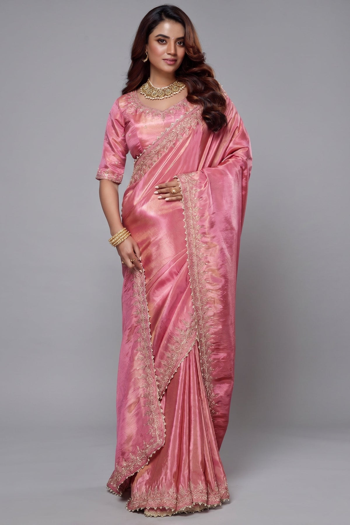 Rose Pink Tissue Dola Silk Solid Saree