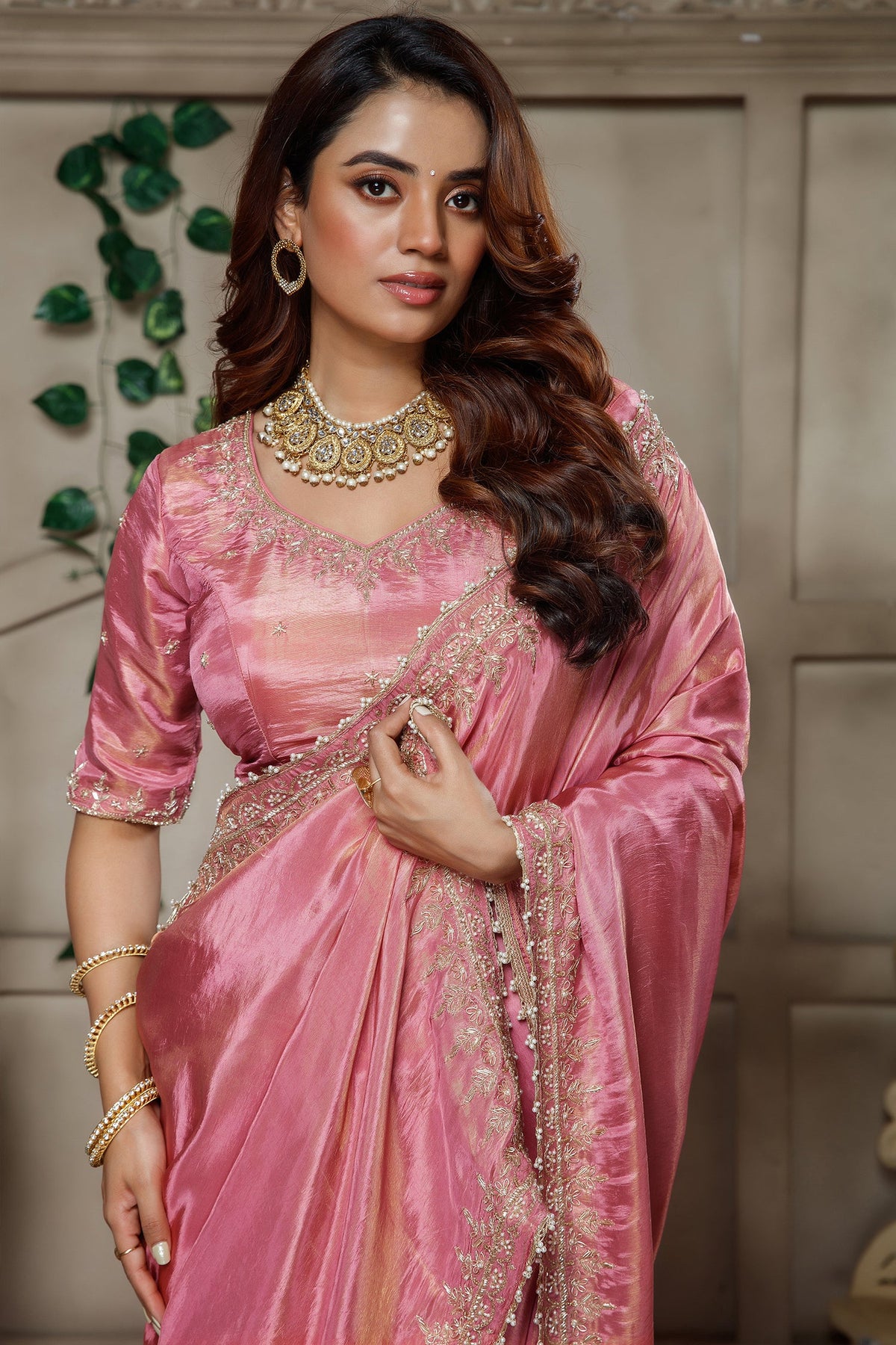 Rose Pink Tissue Dola Silk Solid Saree with Readymade Blouse and Beaded Cutdana Work Border - pink silk saree