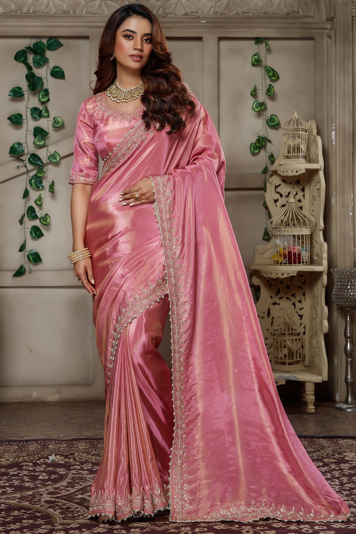 Rose Pink Tissue Dola Silk Solid Saree with Readymade Blouse and Beaded Cutdana Work Border - pink silk saree