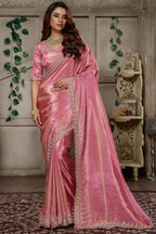 Rose Pink Tissue Dola Silk Solid Saree with Readymade Blouse and Beaded Cutdana Work Border - pink silk saree