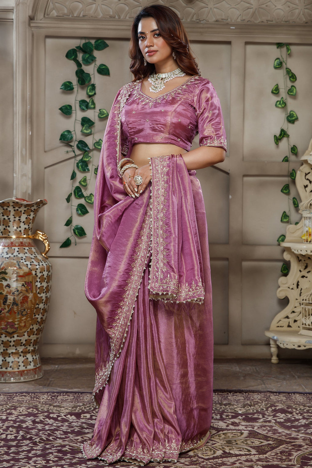 Mauve Purple Tissue Dola Silk Solid Saree with Readymade Blouse and Beaded Cutdana Work Border - purple silk saree