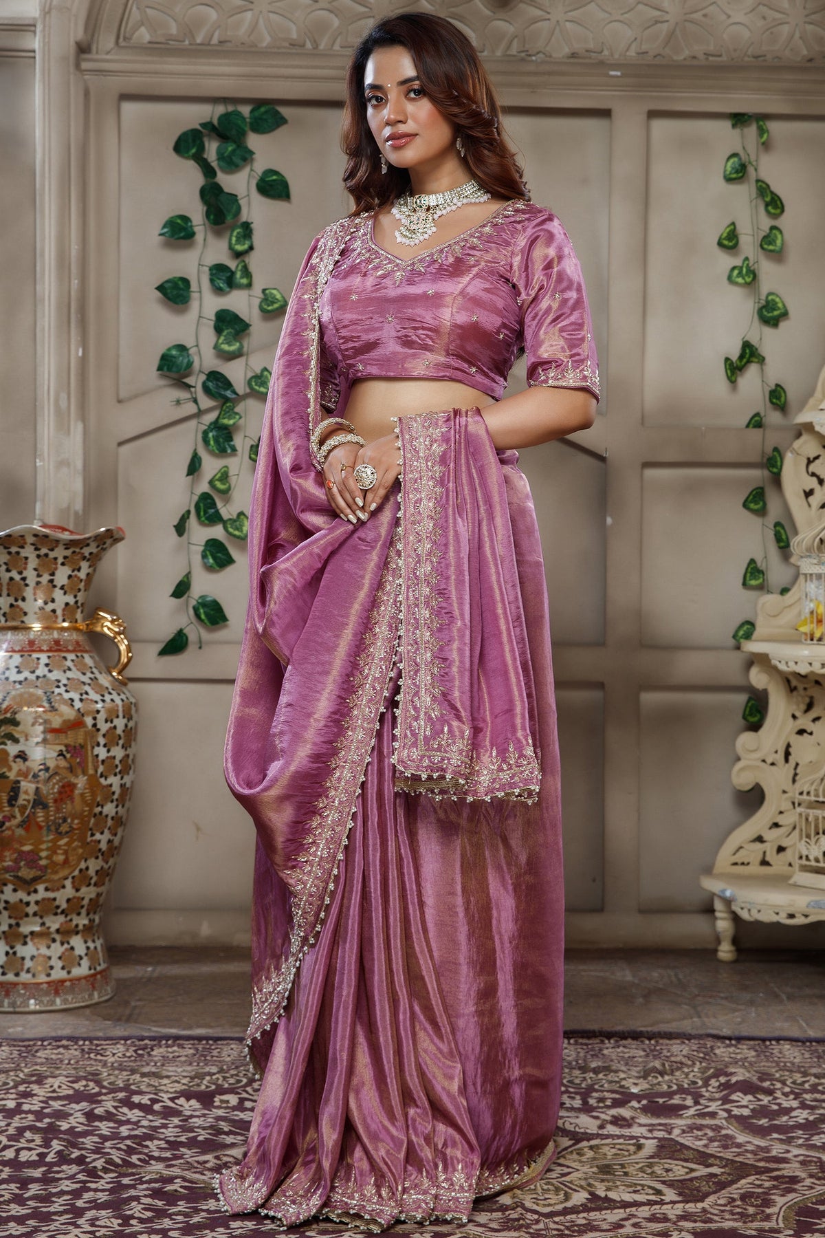 Mauve Purple Tissue Dola Silk Solid Saree with Readymade Blouse and Beaded Cutdana Work Border - purple silk saree