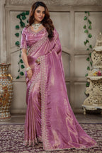 Mauve Purple Tissue Dola Silk Solid Saree with Readymade Blouse and Beaded Cutdana Work Border - purple silk saree