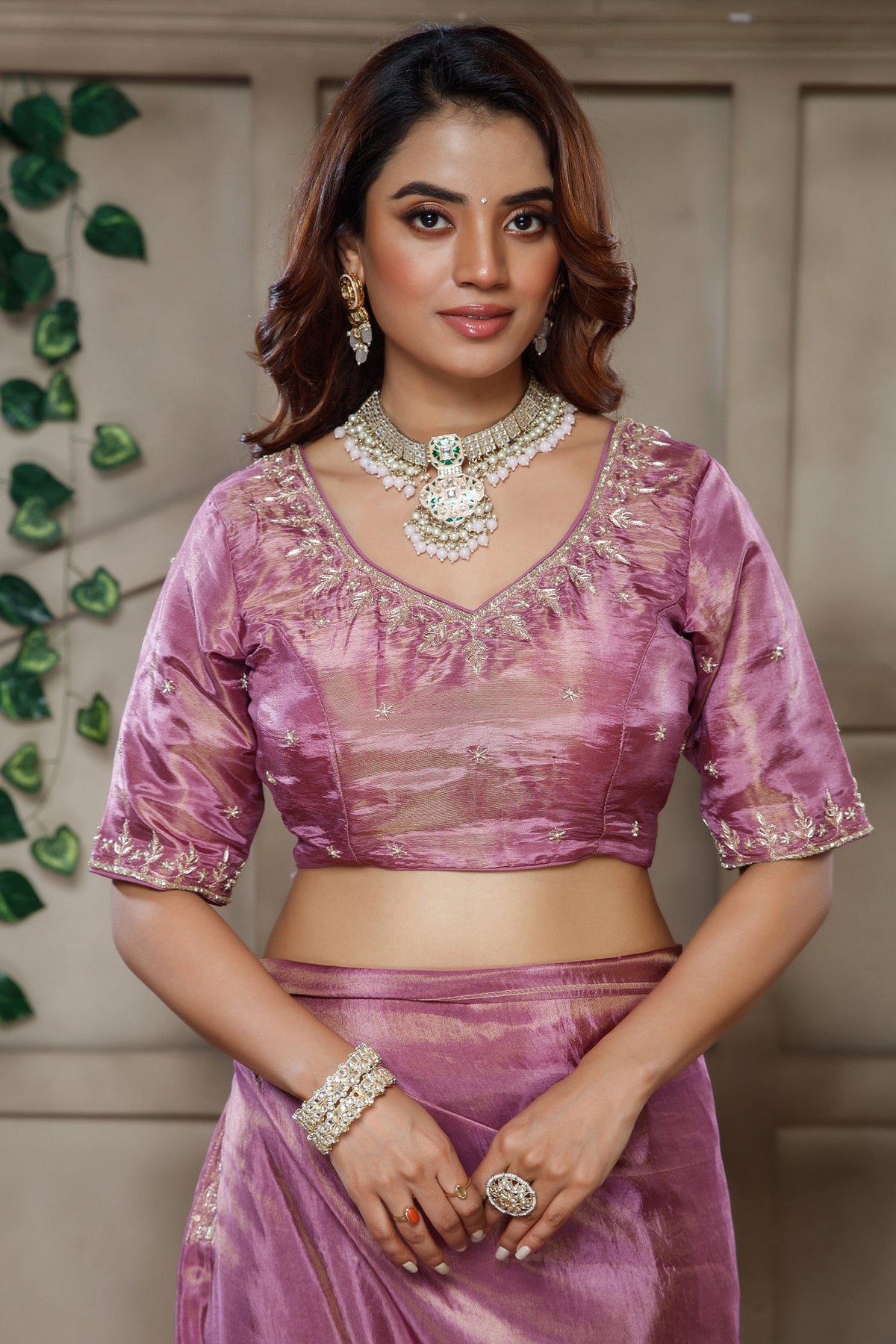 Mauve Purple Tissue Dola Silk Solid Saree with Readymade Blouse and Beaded Cutdana Work Border - purple silk saree