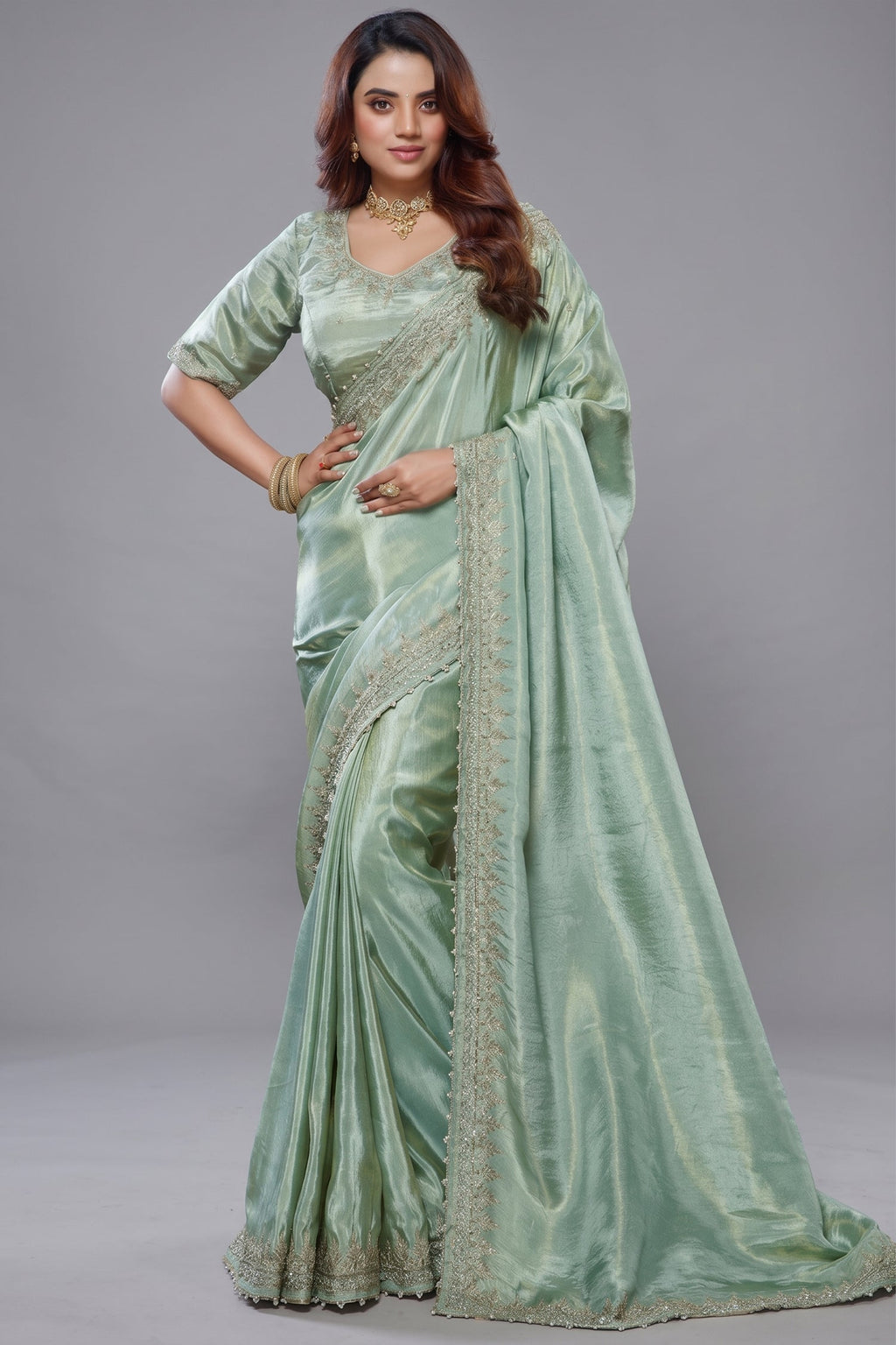 Light Pistachio Tissue Dola Silk Solid Saree