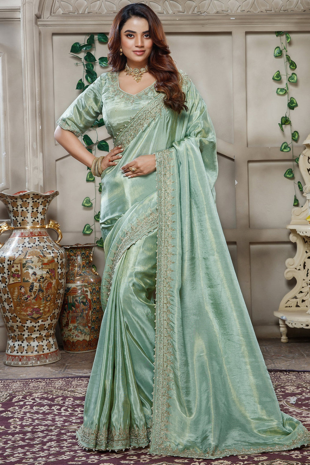 Light Pistachio Tissue Dola Silk Solid Saree with Readymade Blouse and Beaded Cutdana Work Border - silk saree