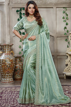 Light Pistachio Tissue Dola Silk Solid Saree with Readymade Blouse and Beaded Cutdana Work Border - silk saree