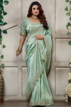 Light Pistachio Tissue Dola Silk Solid Saree with Readymade Blouse and Beaded Cutdana Work Border - silk saree