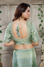 Light Pistachio Tissue Dola Silk Solid Saree with Readymade Blouse and Beaded Cutdana Work Border - silk saree