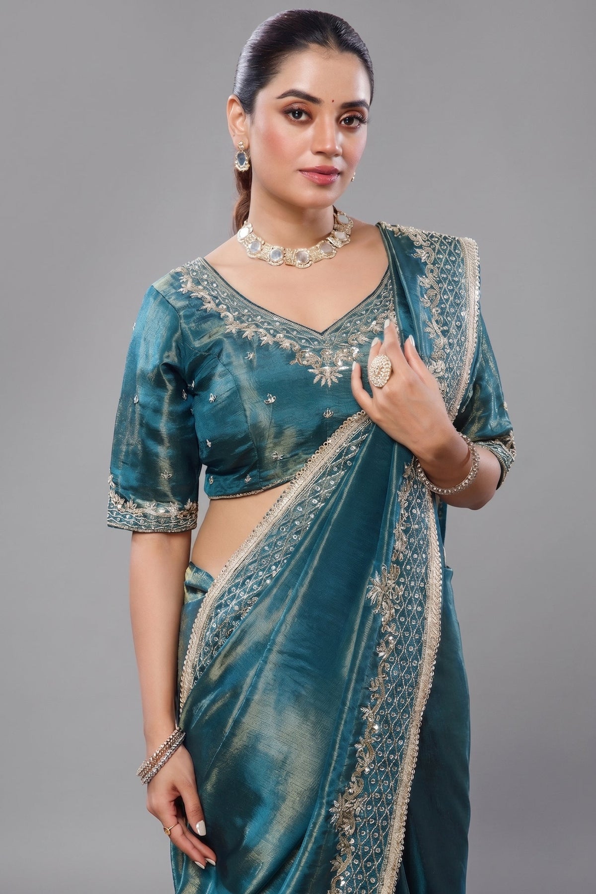 Saree with Readymade Teal Blue Blouse