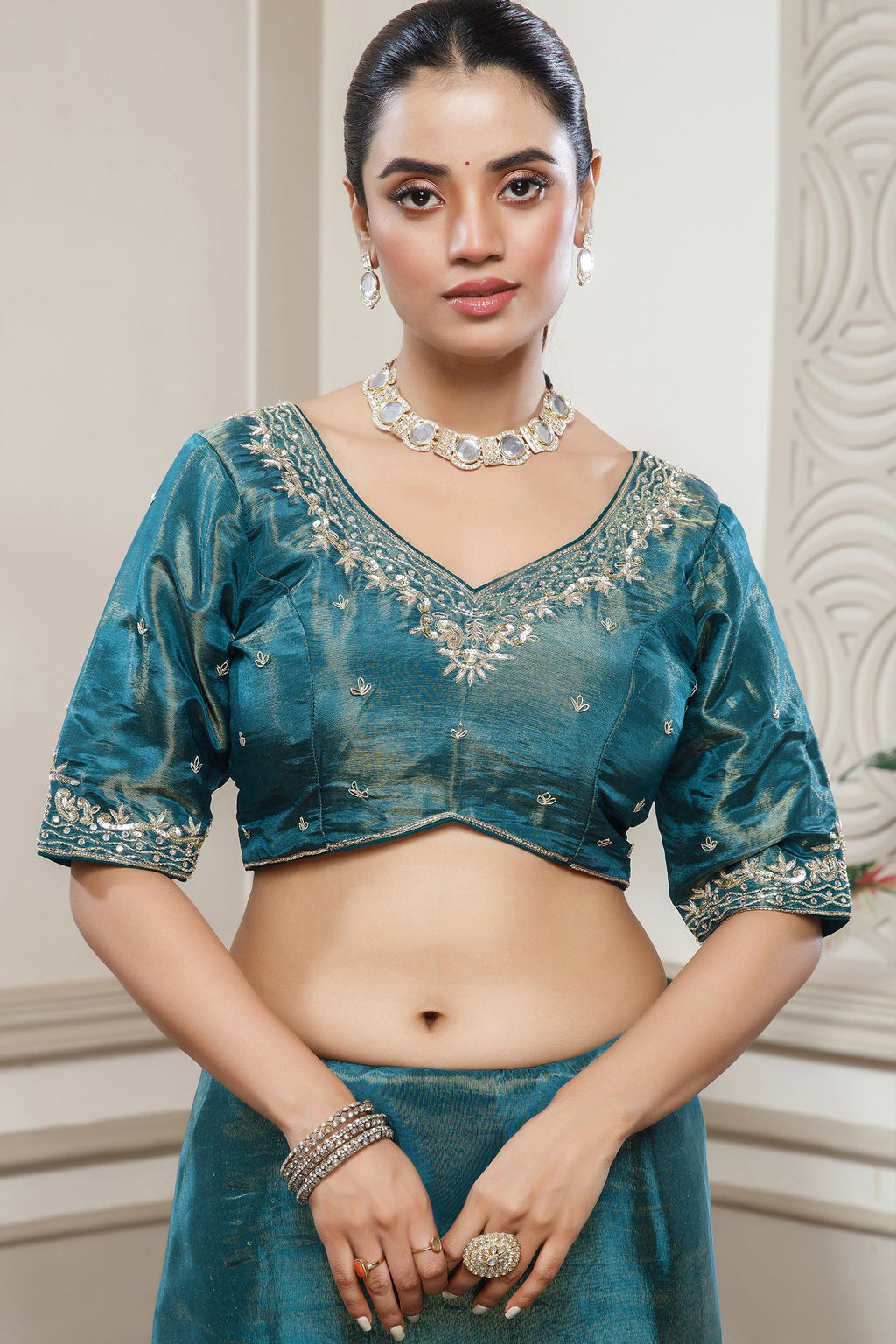 Teal Blue Tissue Dola Silk Saree with Readymade Blouse and Applique Cutdana Work - blue silk saree