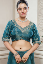 Teal Blue Tissue Dola Silk Saree with Readymade Blouse and Applique Cutdana Work - blue silk saree
