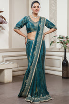 Orange Tissue Dola Silk Saree with Readymade Blouse and Applique Cutdana Work - orange silk saree